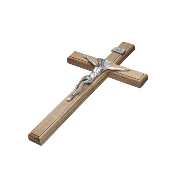 Crucifixo Madeira para Parede 35cm com São Bento Prata Velha