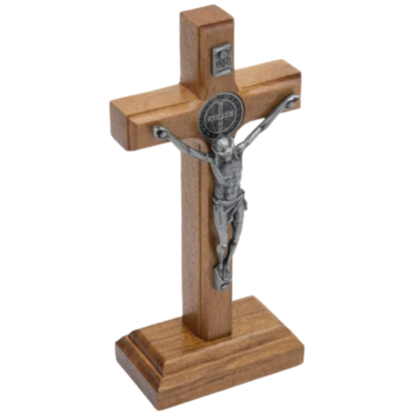 Crucifixo Madeira de Mesa 12 cm com São Bento